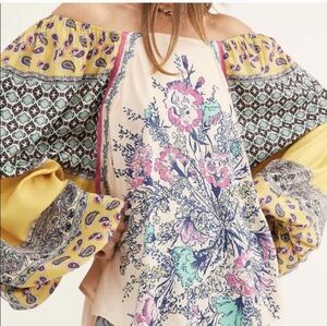 Free People Positano Floral Balloon Sleeve Oversized Boho Top